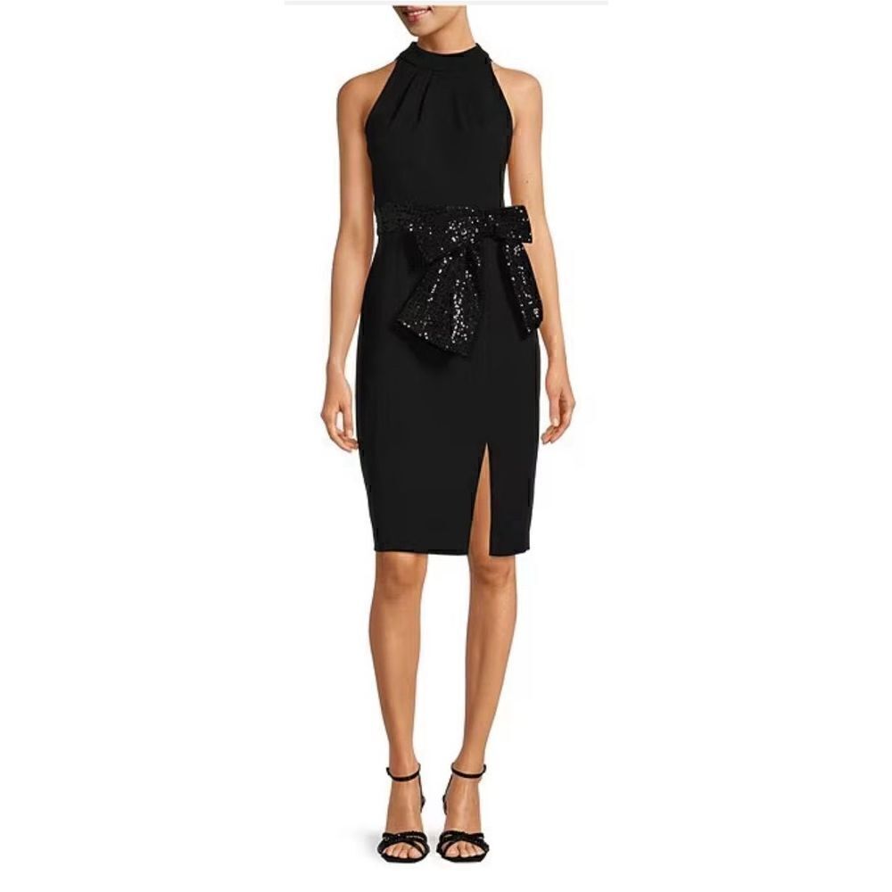 Eliza J Sequin Belt Halter Sheath Dress in Black NWT Size 2